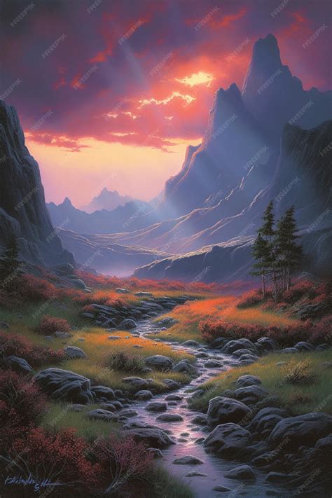 Premium AI Image | A painting of a mountain stream with a sunset in the background.