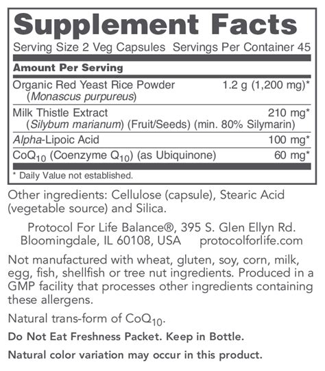 Red Yeast Rice Plus 600 mg With CoQ10, Milk Thistle & Alpha-Lipoic Acid - Protocol for Life Balance