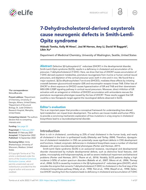 (PDF) 7-Dehydrocholesterol-derived oxysterols cause neurogenic defects in Smith-Lemli-Opitz syndrome