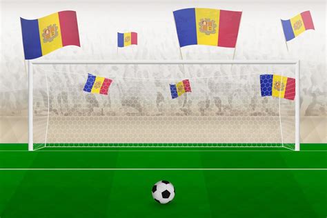 Andorra football team fans with flags of Andorra cheering on stadium, penalty kick concept in a ...