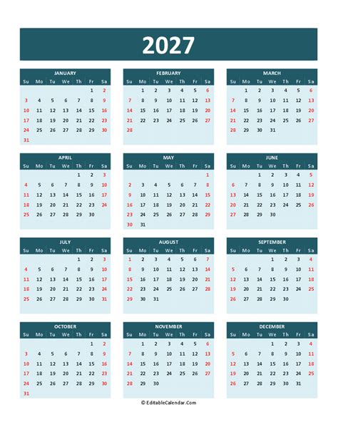 2027 Calendar Printable Word Pdf