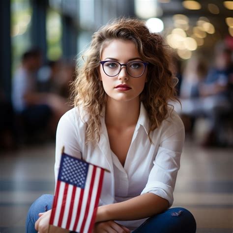 Premium Photo | Beautiful young cheerleader with USA flag
