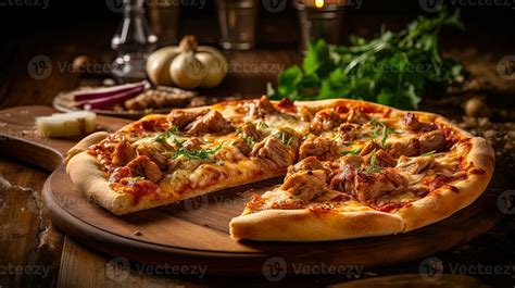 Homemade Delicious BBQ Pork Pizza Toppings on Wooden Cutting Board, Food Photography. Template ...