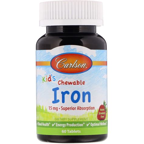 Carlson Labs - Kid's Chewable Iron Superior Absorption Natural Strawberry 15 mg. - 60 Tablets ...