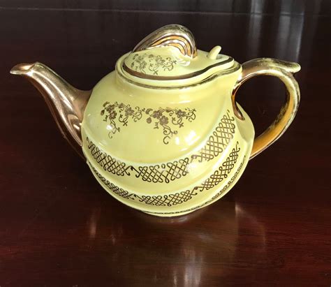 Hall Pottery Teapot, Vintage Tea pot, Hall Pottery Parade style Teapot, yellow Teapot with gold ...