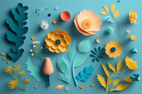 Paper Flowers on Pastel Background. Spring Flowers Flat Lay Background. Generative AI Stock ...