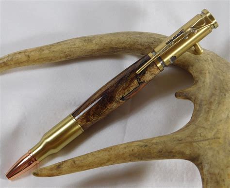 Handmade Bolt Action Bullet Pen with Spalted Hardwood & Antique Brass hardware, Handcrafted ...