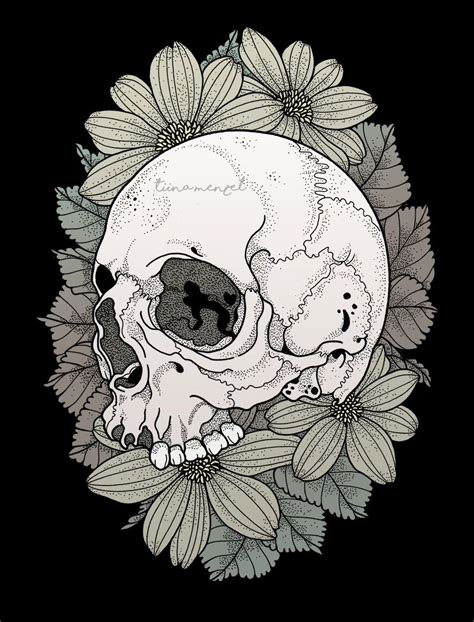 a black and white drawing of a human skull surrounded by flowers on a black background