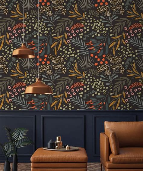 Dark Floral Wallpaper Leaves and Herbs Peel and Stick Wall - Etsy