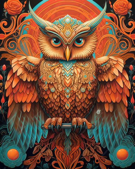 Premium AI Image | Artwork of an owl in orange with otherworldly symbols