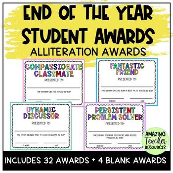 End of The Year Student Awards - Alliteration Awards | TPT