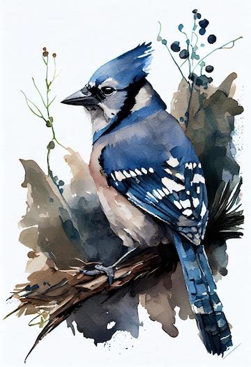 Premium Photo | A watercolor painting of a blue jay sitting on a branch.