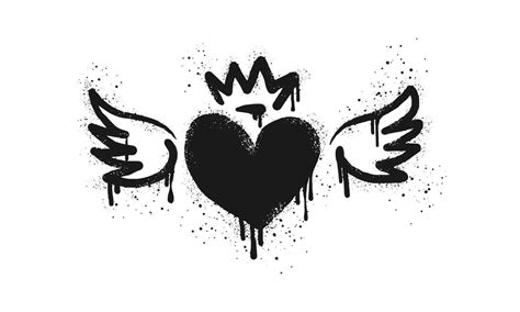 Spray painted graffiti flying heart with wings icon in black over white. Heart with wings drip ...