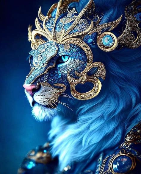 Premium Photo | A blue and gold lion with a blue face and gold accents.
