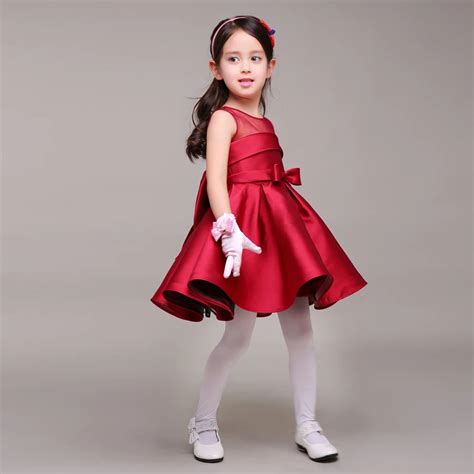 Dark Red Taffeta Little Girl Dress With Bow Round Neck Short Kids Formal Gown For Weddings ...