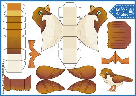 Kids craft game. Cut and glue paper 3d cute cartoon bird sparrow. Printable Activity education ...