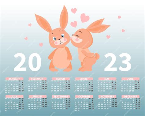 Premium Vector | Calendar 2023 with a cute pair of bunnies in love on ...