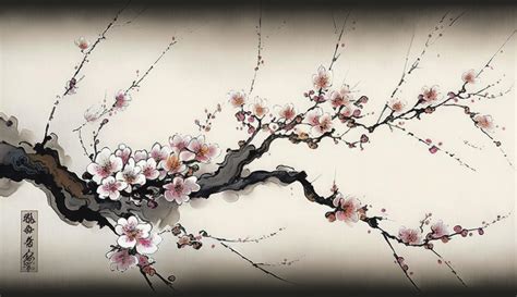 Chinese landscape painting cherry blossom print art, Japanese Painting Cherry Blossom, Ink ...