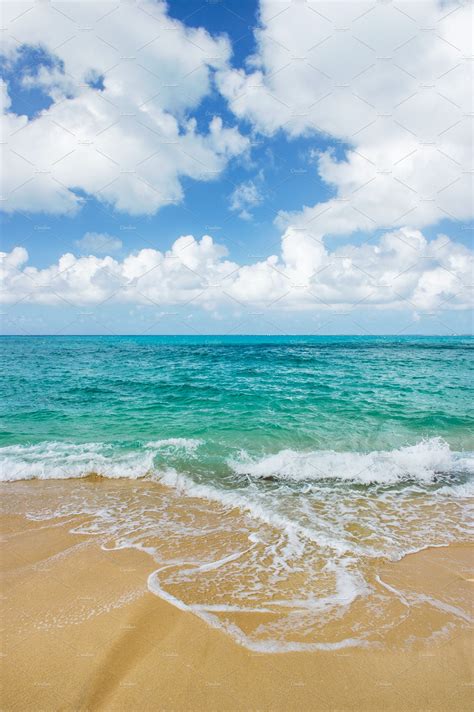 Blue sea water cloudy sky sand beach | Nature Stock Photos ~ Creative Market