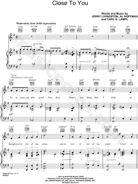 Jerry Livingston "Close To You" Sheet Music in G Major - Download ...