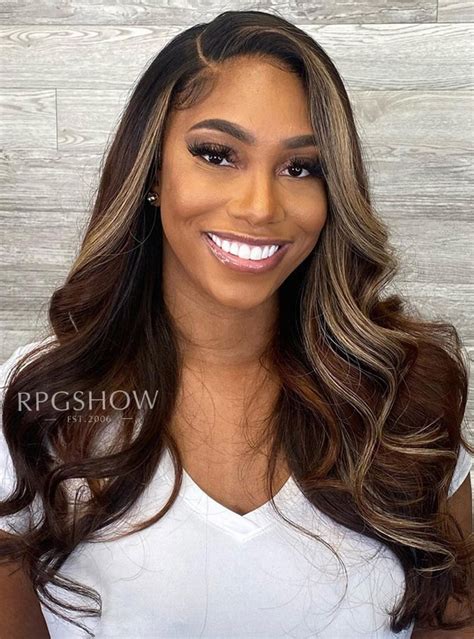 Long Side Part Wavy Copper Brown Ombre with Blonde Highlights Lace Front Wigs - hairbysam021