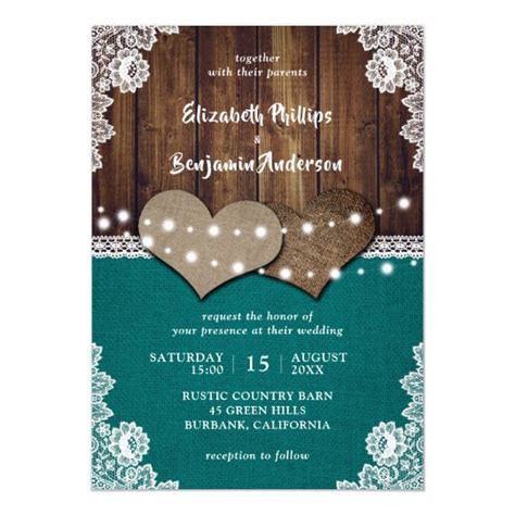 Rustic Wood Burlap Lace Teal Wedding Invitations | Zazzle | Teal ...