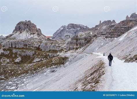 Tourist at Tre Cime Di Lavaredo Track on Winter Season. National Park Tre Cime Di Lavaredo ...