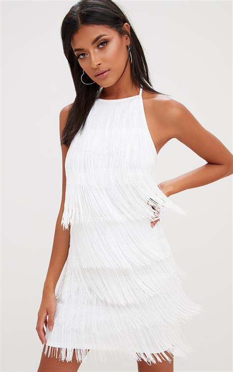 White Tassel Detail Halterneck Bodycon Dress | PrettyLittleThing