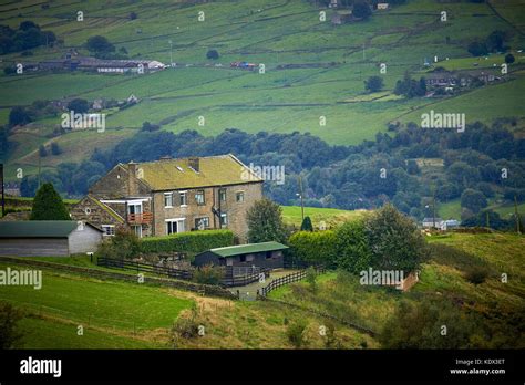 Calder Valley at Mount Tabor hamlet in Calderdale, West Yorkshire, England. near Halifax town ...