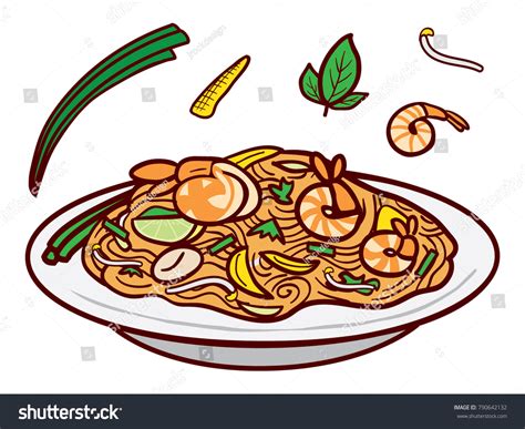 Pad Thai Fried Noodles Shrimp Stock Vector (Royalty Free) 790642132 ...