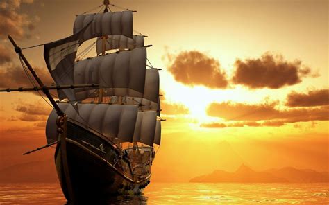 Ship watercrafts sea ocean boats sky clouds sailing sunset sunrise ...