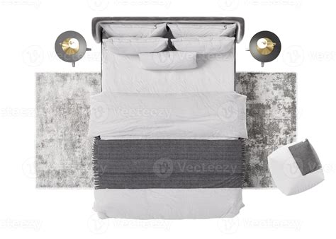 Double bed with carpet, pouf and lamps on white background, isolated ...