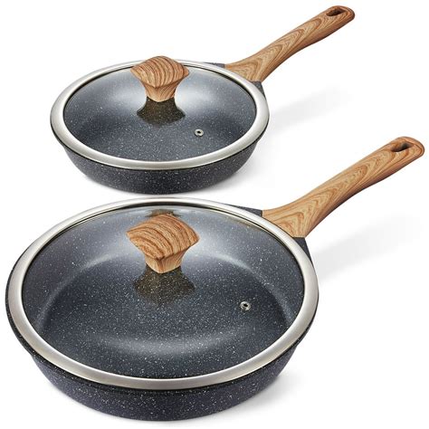 Miusco Nonstick Frying Pan and Skillet Set with Lid, PFOA Free Granite Stone Cookware Set, 10 ...