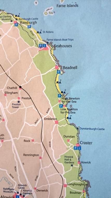 Northumberland coast map Bamburgh to Boulmer section