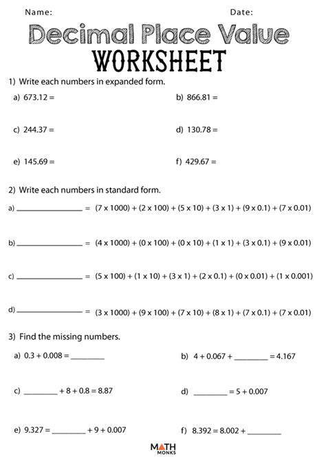 Decimal Place Value And Value Worksheets