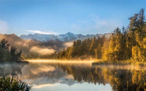 nature, Landscape, Lake, Sunrise, Mountains, Snowy Peak, Mist, Water, Reflection, Sunlight ...