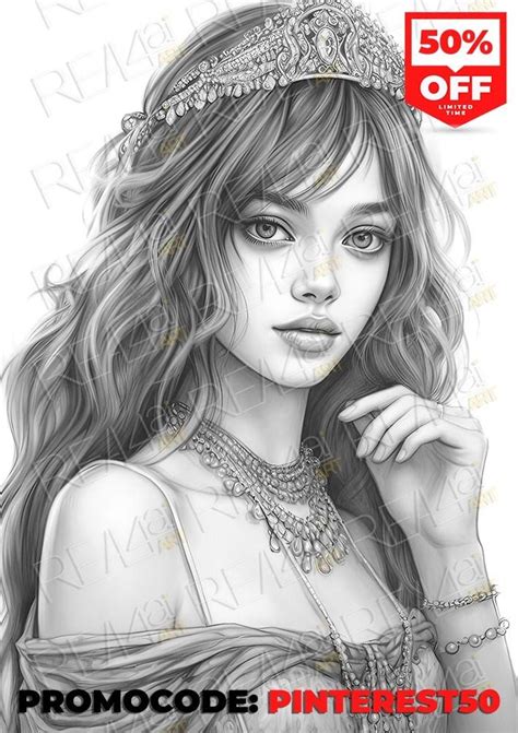 42 Beautiful Queen With Tiara Coloring Pages PDF Book, Adults Kids Instant Download Grayscale ...