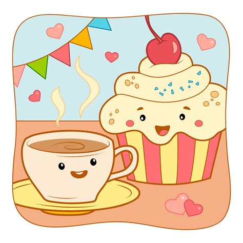 Cute Tea and cake cartoon. Tea and cake clipart vector illustration ...