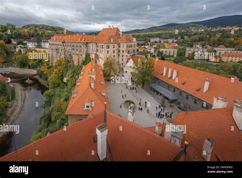 Aerial view of Cesky Krumlov Castle Courtyard - Cesky Krumlov, Czech ...