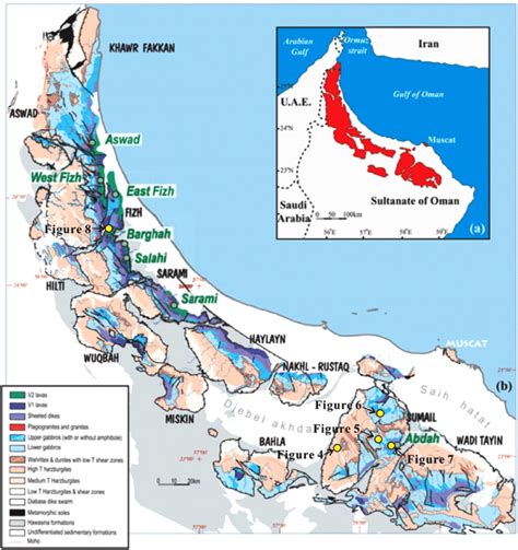 (a) The Oman ophiolites (red area). (b) Map of the Oman ophiolite ...