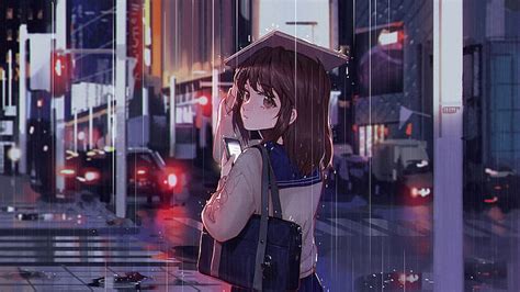 1366x768px | free download | HD wallpaper: anime girls, rain, brunette ...