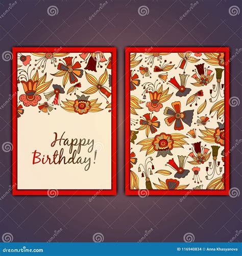 Happy Birthday Vector Greeting Card with Abstract Doodle Flowers. Stock Illustration ...