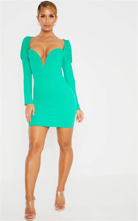 Green Puff Shoulder Deep Plunge Dress | PrettyLittleThing CA