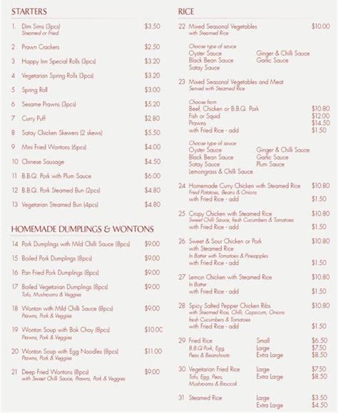 Menu at Happy Inn restaurant, Carlton North, 723 Nicholson St