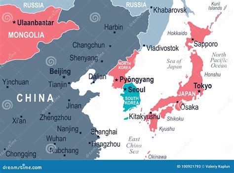 North Korea South Korea Japan China Russia Mongolia Map - Vector ...