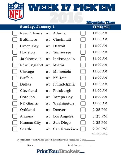 Week 17 Printable Nfl Schedule - Printable Word Searches