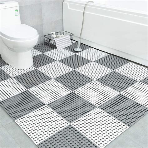 10PCS Interlocking Rubber Floor Tiles with Drain Holes DIY Size 11.8Inx 11.8In Bathroom Shower ...