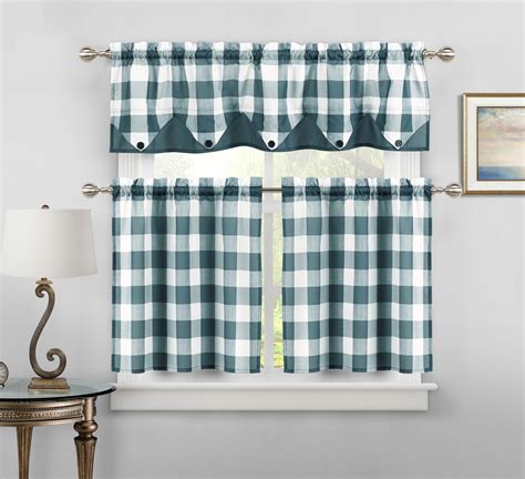 Sheer Small Dark Teal and White Three Piece Kitchen/Cafe Tier Window Curtain Set Gingham Check ...