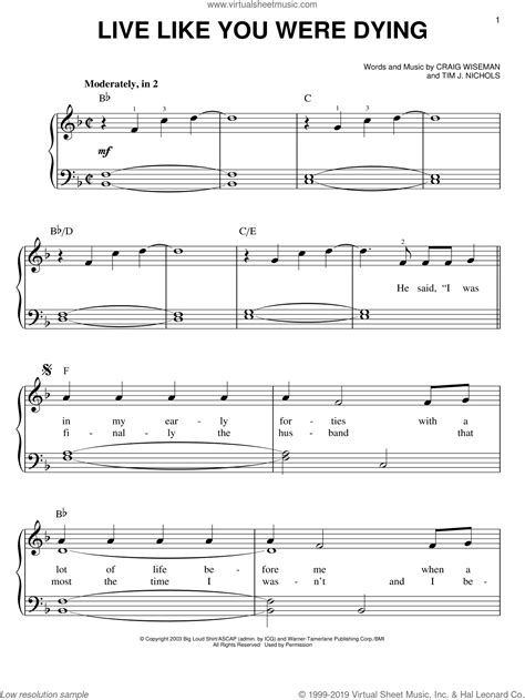 Live Like You Were Dying sheet music for piano solo (PDF)