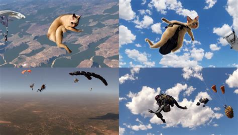 a Siamese cat skydiving parachute open, photo | Stable Diffusion